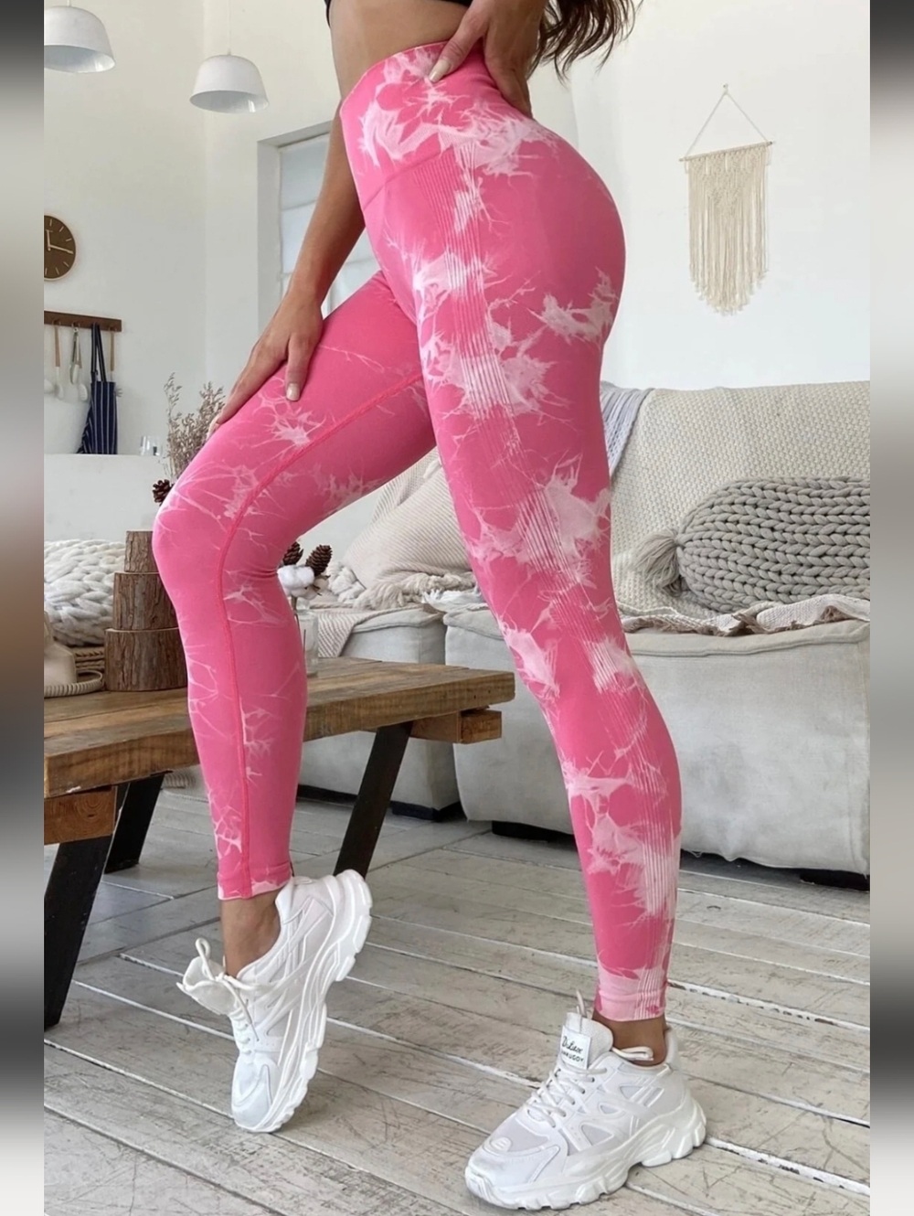 Pchee Bum Pink Tie-Dye Leggings with Light Pink Halter Sports Bra